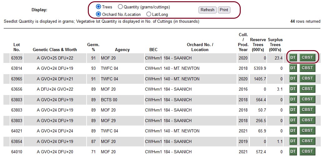 screenshot shows the output of a suitable seedlot search for CBST