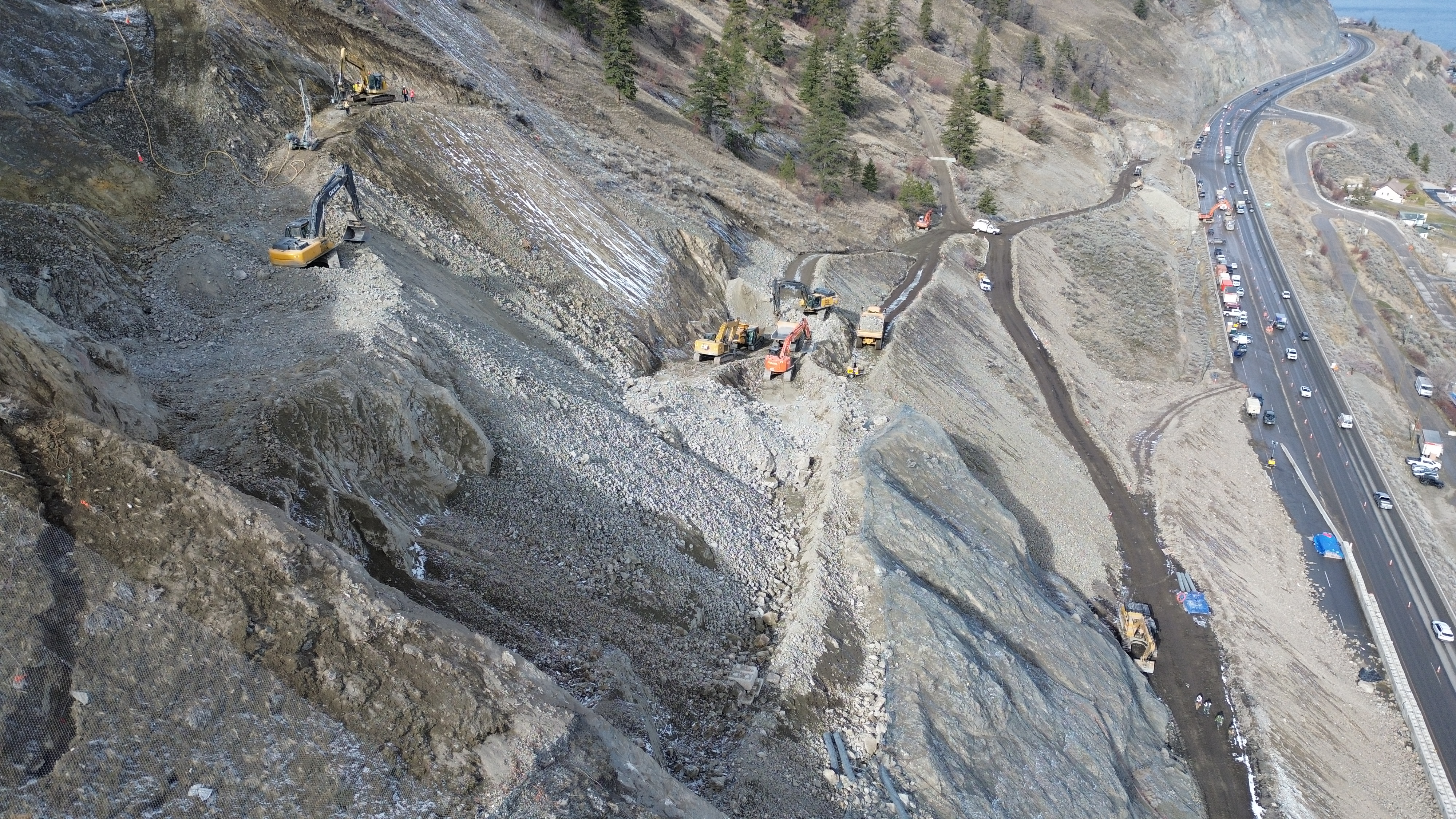 Aerial view of project work above moving traffic on Highway 97