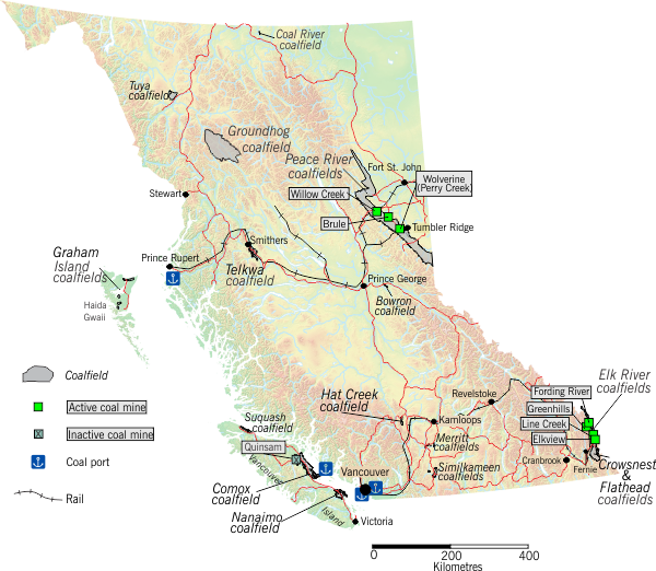 Map of coalfields and coal mines in British Columbia