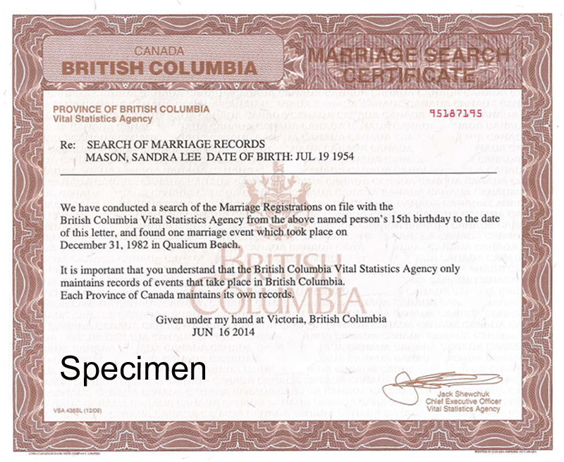 Example of a British Columbia marriage search certificate issued by Vital Statistics