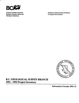 BC Geological Survey Branch 1991 - 1992 Project Inventory