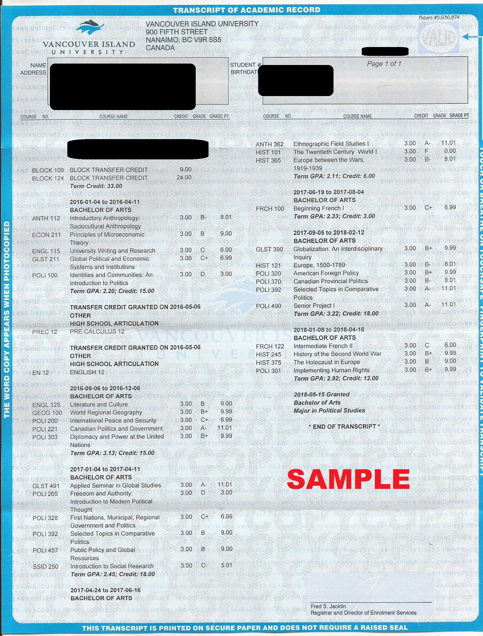 Sample image of a post secondary transcript issued by a BC public education institution