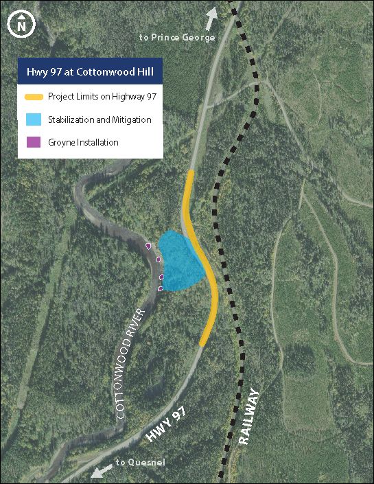 Map shows Highway 97 at Cottonwood Hill, located approximately 18 km north of Quesnel. ​