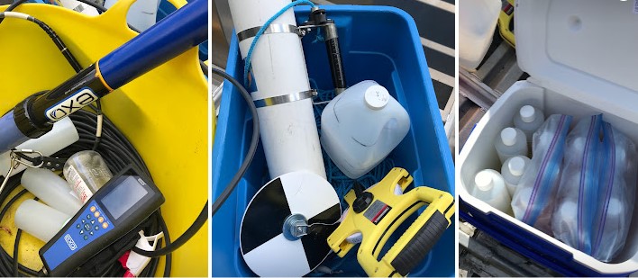 Example of lake monitoring equipment that include a depth finder, Van Dorn, Sechi disk, and cooler of water bottles