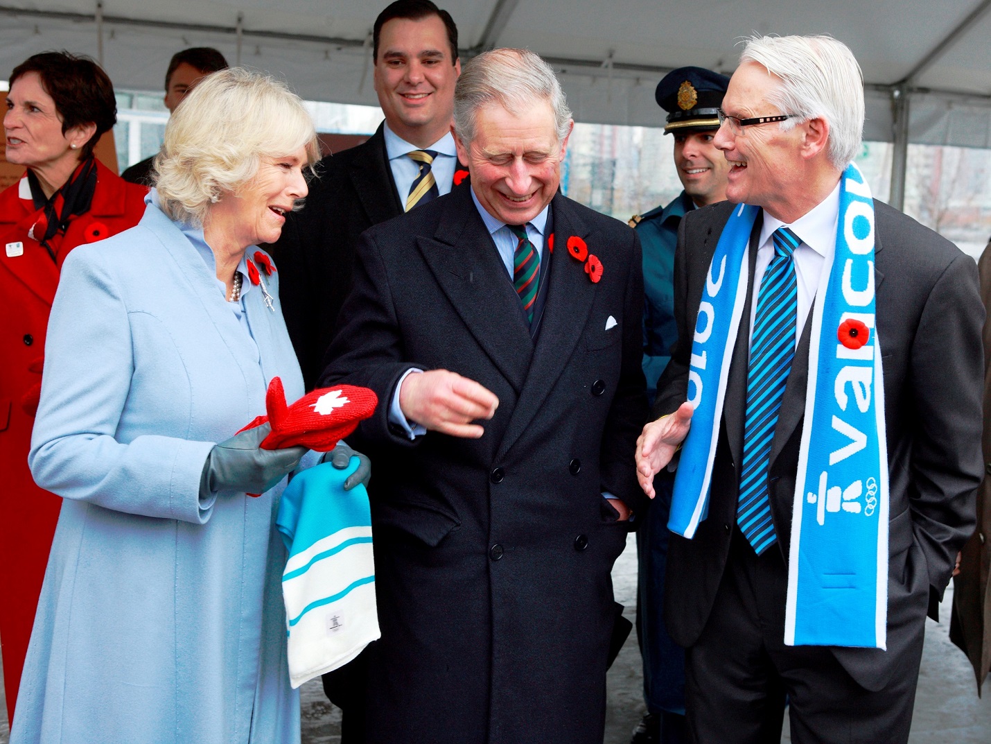 Presentation of Vancouver Olympics souvenir mitts and scarves by Premier Gordon Campbell