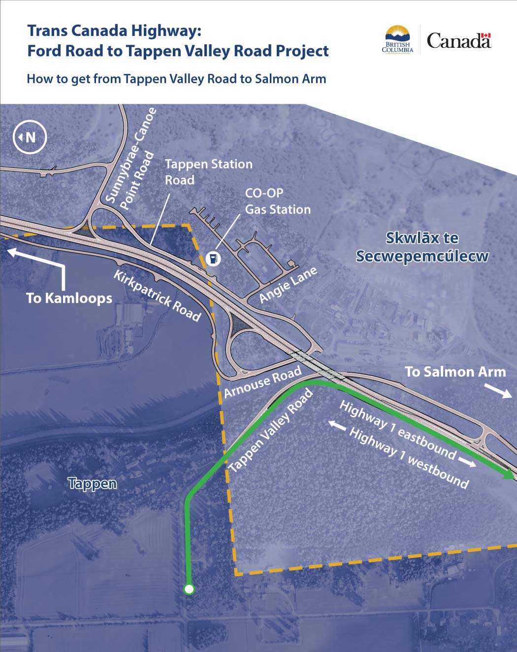 Click to view printable map. From Tappen Valley Road, take the right-hand entrance ramp onto the Trans-Canada Highway 1 Eastbound. Accelerate on the ramp, and merge with highway traffic when safe.