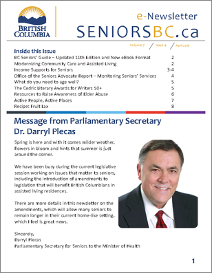 Cover of SeniorsBC e-Newsletter - Volume 7, Issue 4 - click this picture to download the PDF