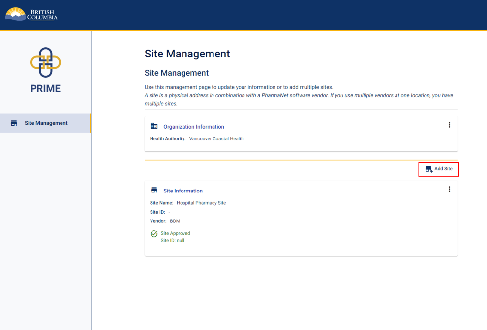 Site management screen