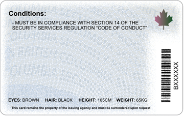 Back of security worker licence shows the licence conditions, physical description of security worker and scannable bar code