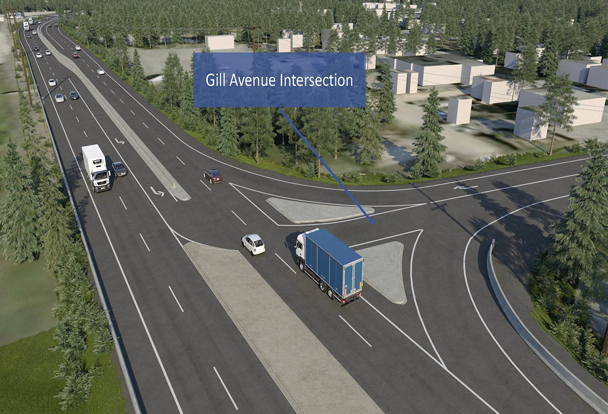 Shows configuration of the Gill Avenue intersection with dedicated left turn lane off highway crossing two lanes, and a merge lane onto highway and an exit off highway