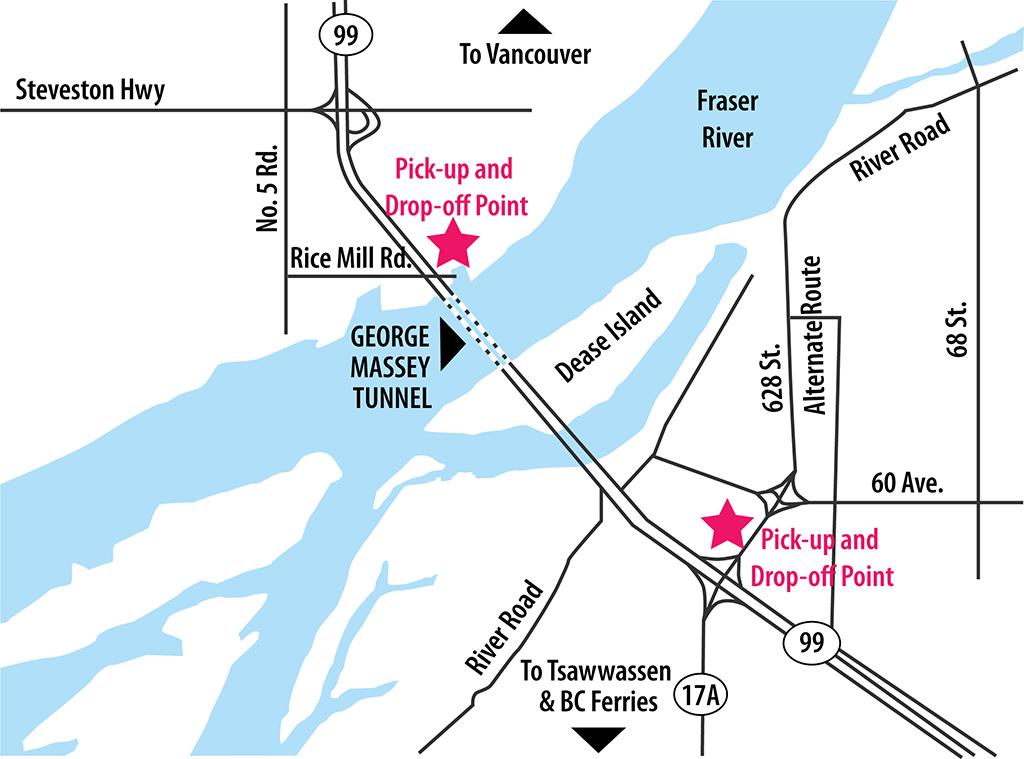 Map of George Massey Tunnel shuttle pick-up locations