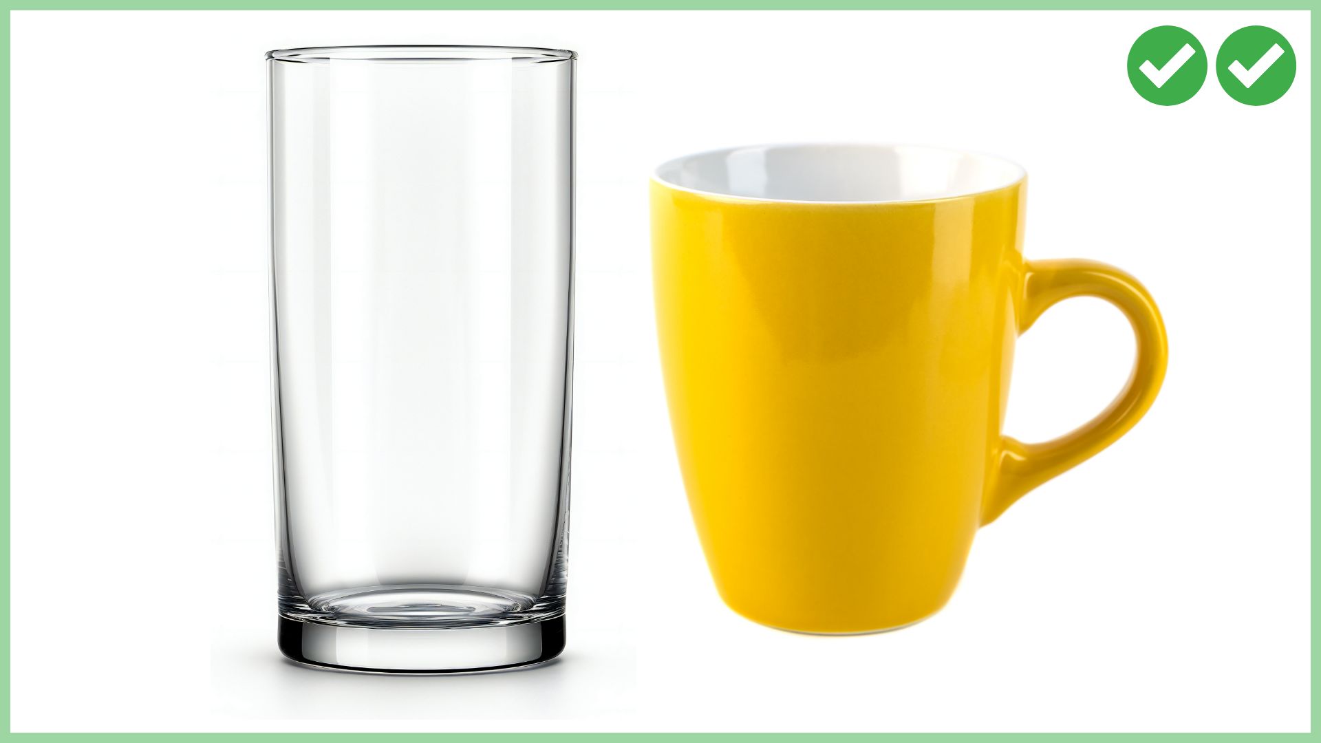 drinking glass and yellow ceramic cup