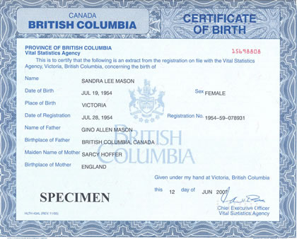 Example of a British Columbia birth certificate issued by Vital Statistics