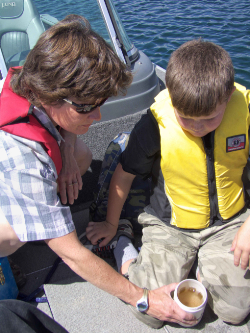 Photo of a Bridge Lake youth volunteer looking at samples
