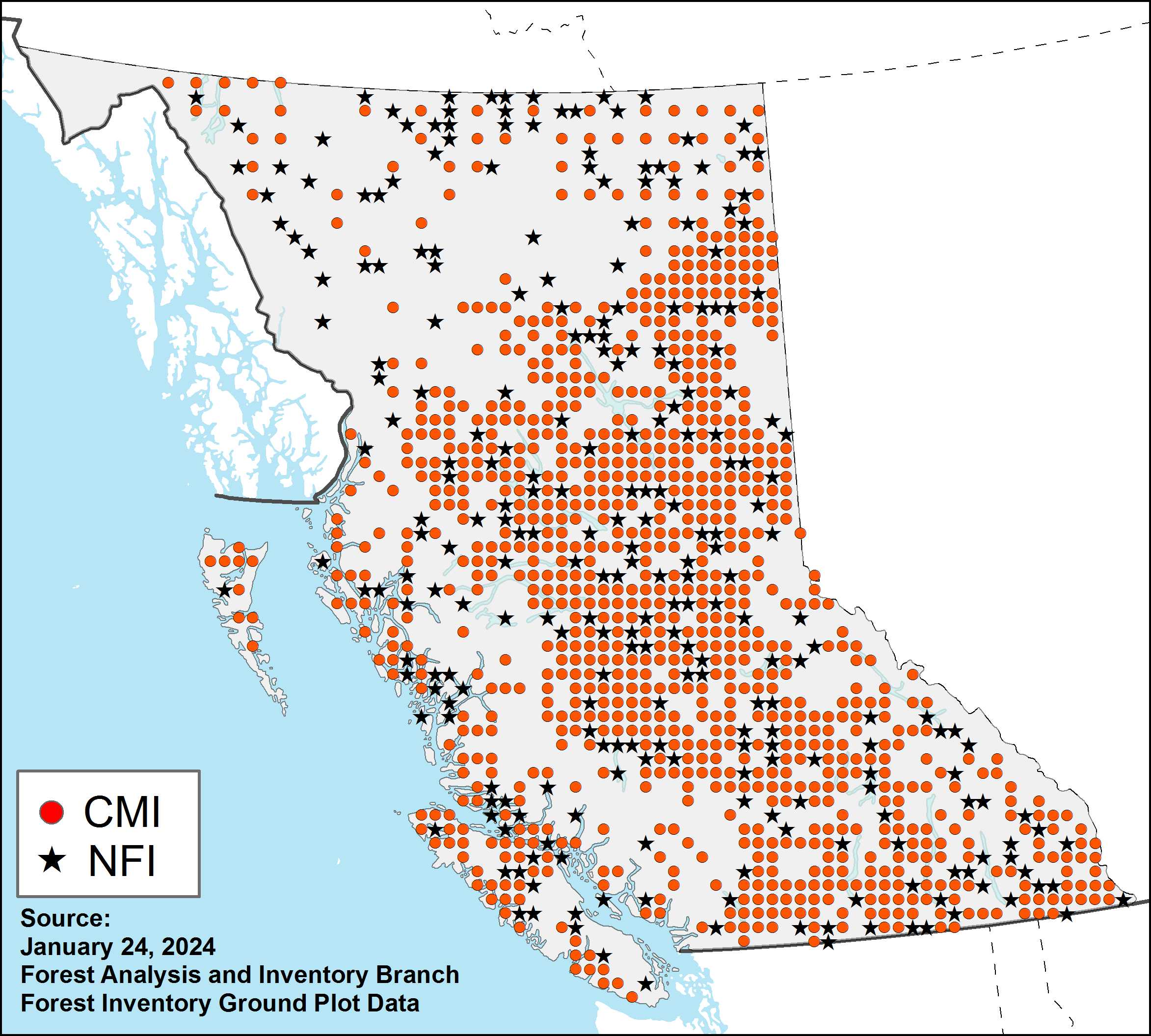 Map of British Columbia that indicates the locations of established Change Monitoring Inventory plots as well as National Forest Inventory plots.