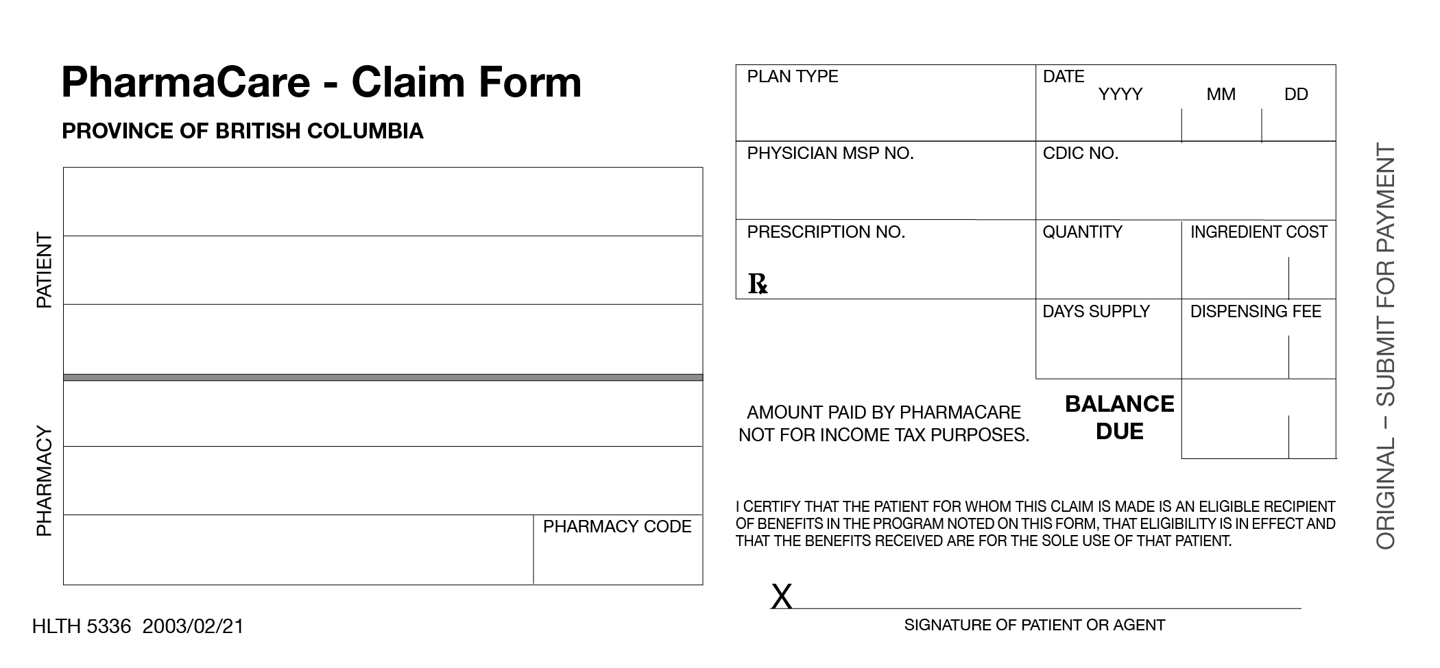 PharmaCare Claim Form (HLTH 5336)
