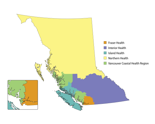 A map of B.C. divided by the the five regional health regions: Fraser Health, Interior Health, Island Health, Northern Health and Vancouver Coastal Health. 