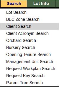 This picture shows a screenshot of the Search Menu in SPAR and highlights the location of the Client Search function