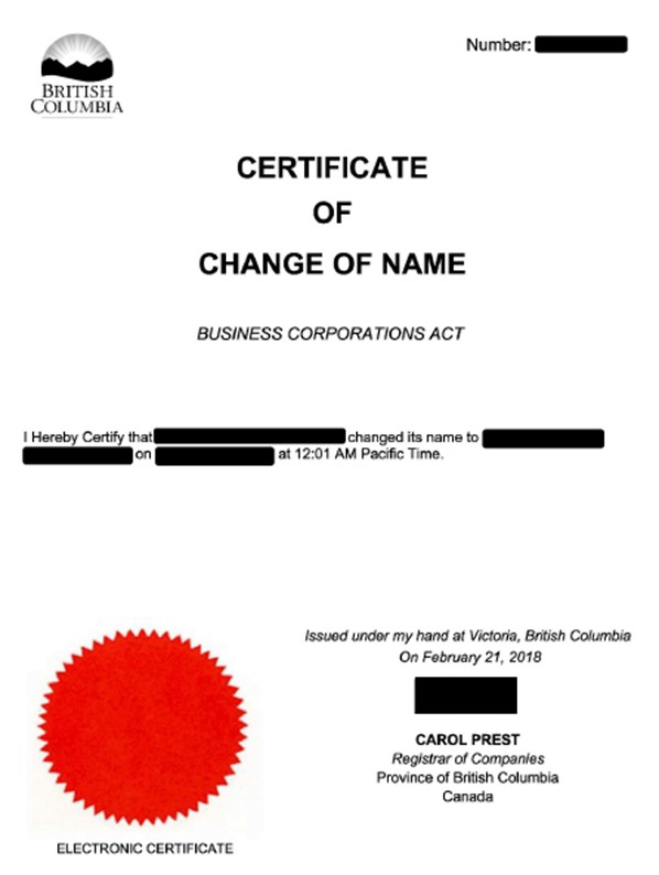 Sample image of certificate of business name change issued by BC Registries and Online Services