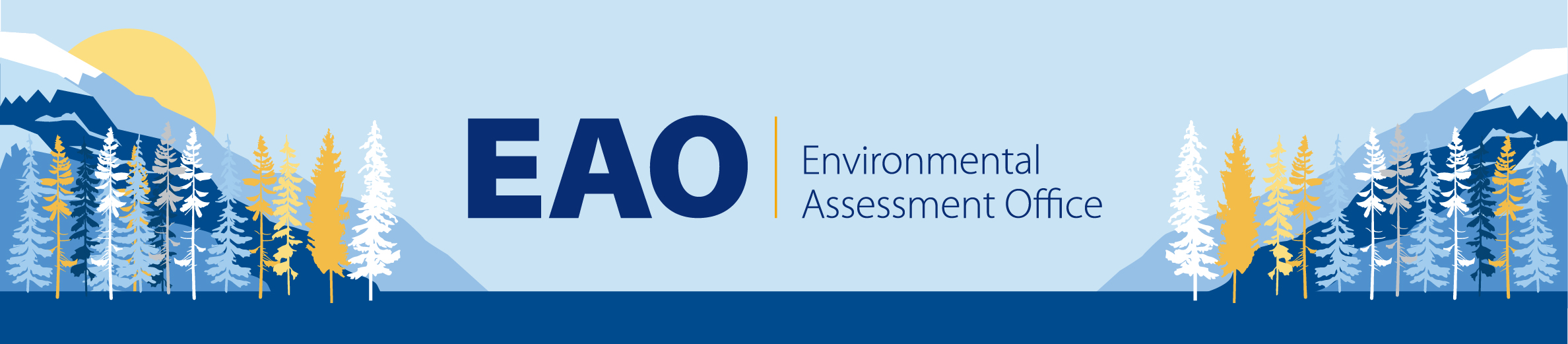 An illustration of mountains, trees, and the sun in blues and yellows with the logo for the Environmental Assessment Office in the center.