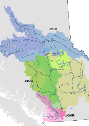 small map of the fraser river basin showing lower, upper and middle sections