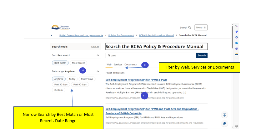 This picture explains the enhanced search features of the BCEA site