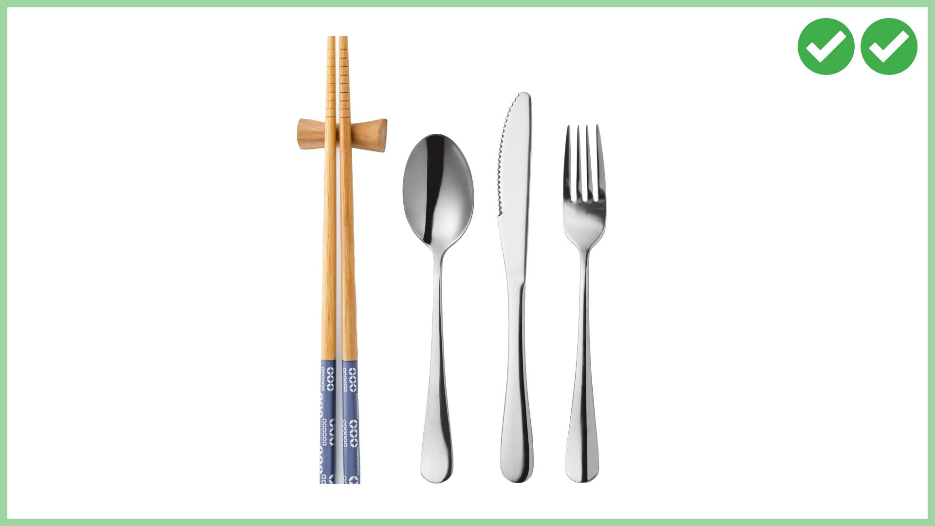 Reusable wooden chopsticks and metal spoon, knife and fork