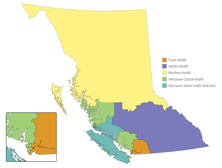A map of B.C. separated into regions for the different health authorities.