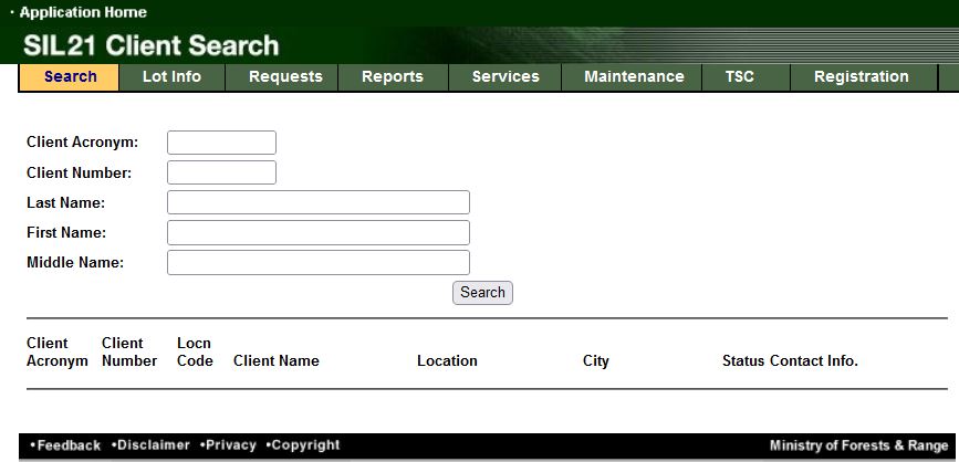 Screenshot of the Client Search screen showing the Client Acronym, Client Number, Last Name, First Name and Middle Name search fields