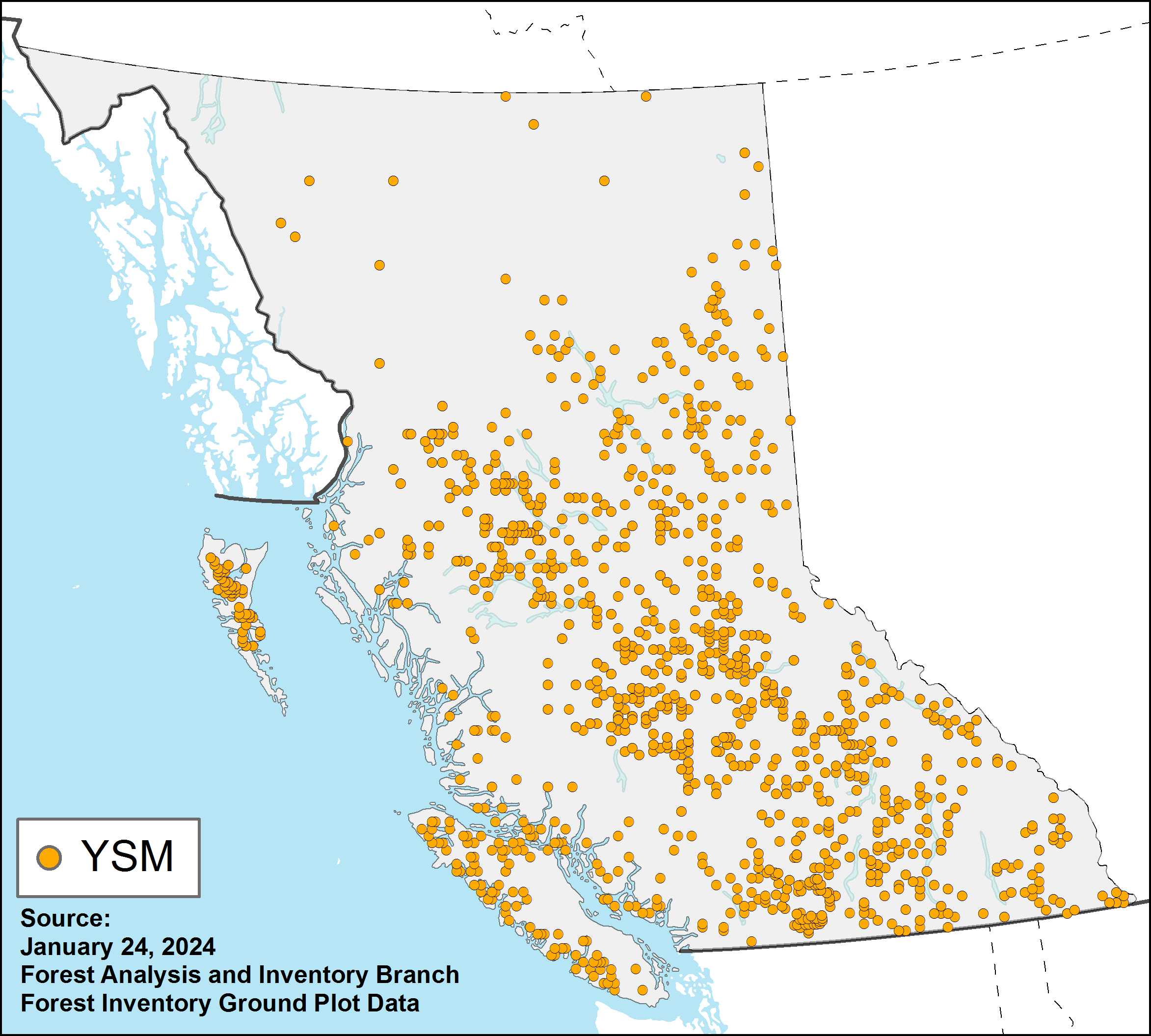 Map of British Columbia that indicates the locations of Young Stand Monitoring plots.