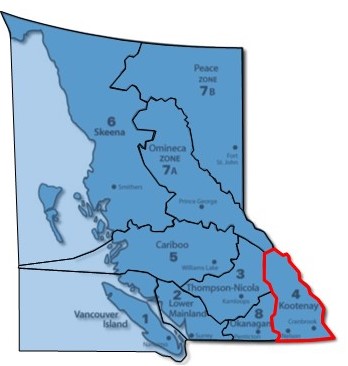 Map indicating the location of Natural Resource Region 4 Kootenay