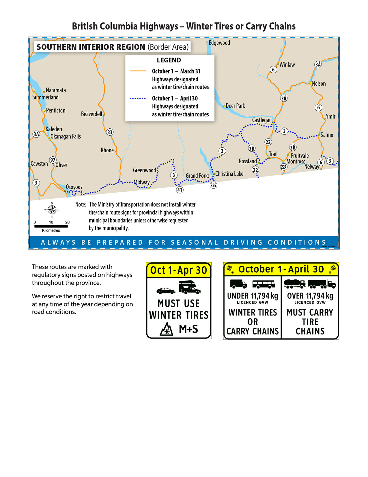 Southern Interior Region Border Inset map of winter tire and chains requirements
