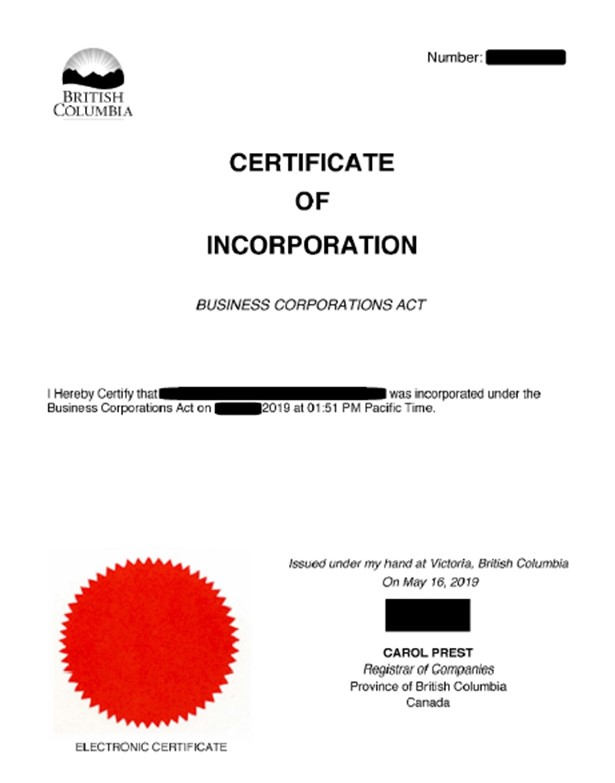 Sample image of certificate of incorporation issued by BC Registries and Online Services