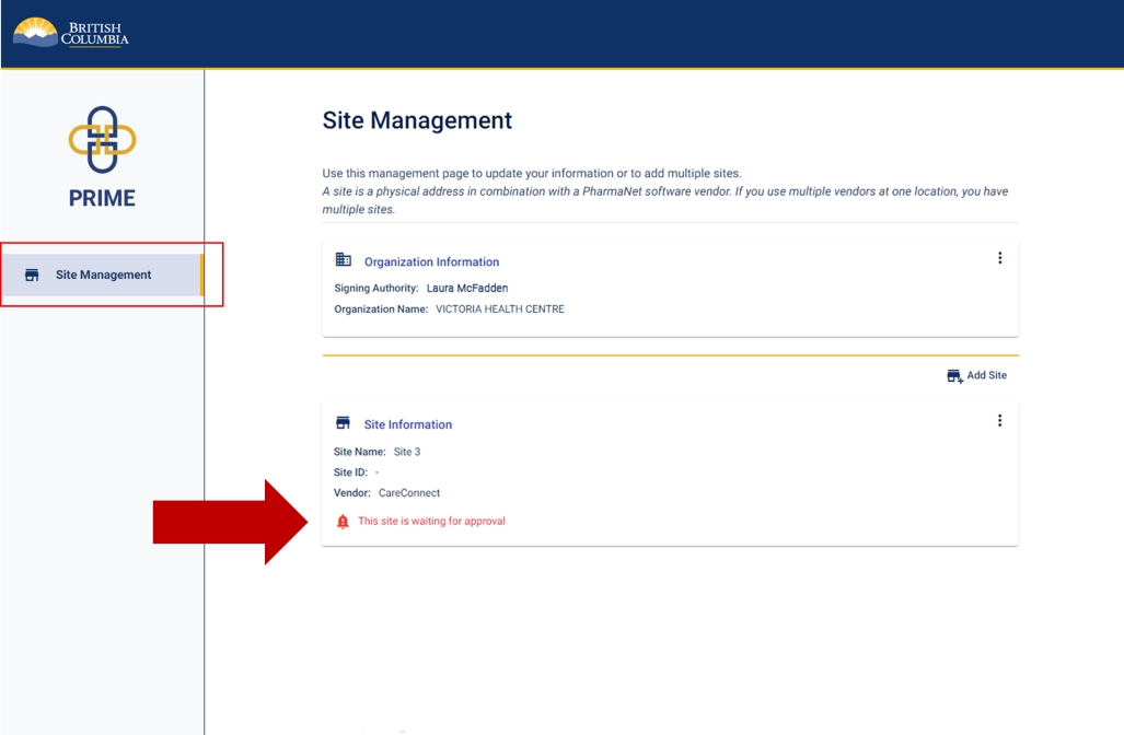 Site management screen