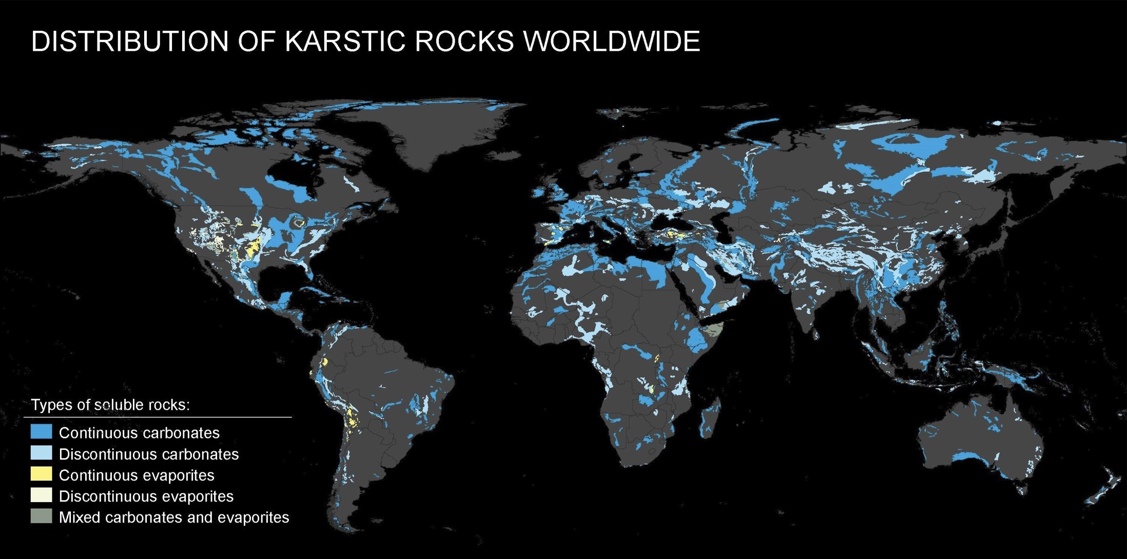 The distribution of karstic rocks worldwide is illustrated above using the <whymap_karst__v1_poly.shp> shapefile available for downloading from the WHYMAP (Worldwide Hydrogeological Mapping and Assessment Program WOKAM (World Karst Aquifer Map) project site <www.whymap.org>. Source of the equirectangular projection of the world with topography and bathymetry is the NASA Goddard Flight Center Visible Earth Catalogue.