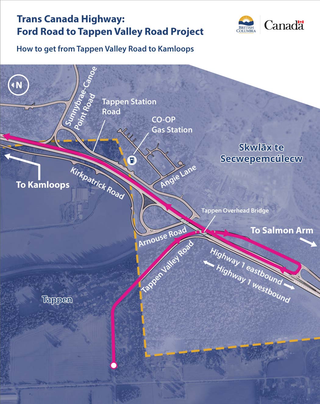 Click to view printable map. Follow Tappen Valley Road underneath the Tappen Overhead Bridge and turn right at the protected T‑intersection, then use the acceleration lane to safely merge onto Trans-Canada Highway 1 Westbound.
