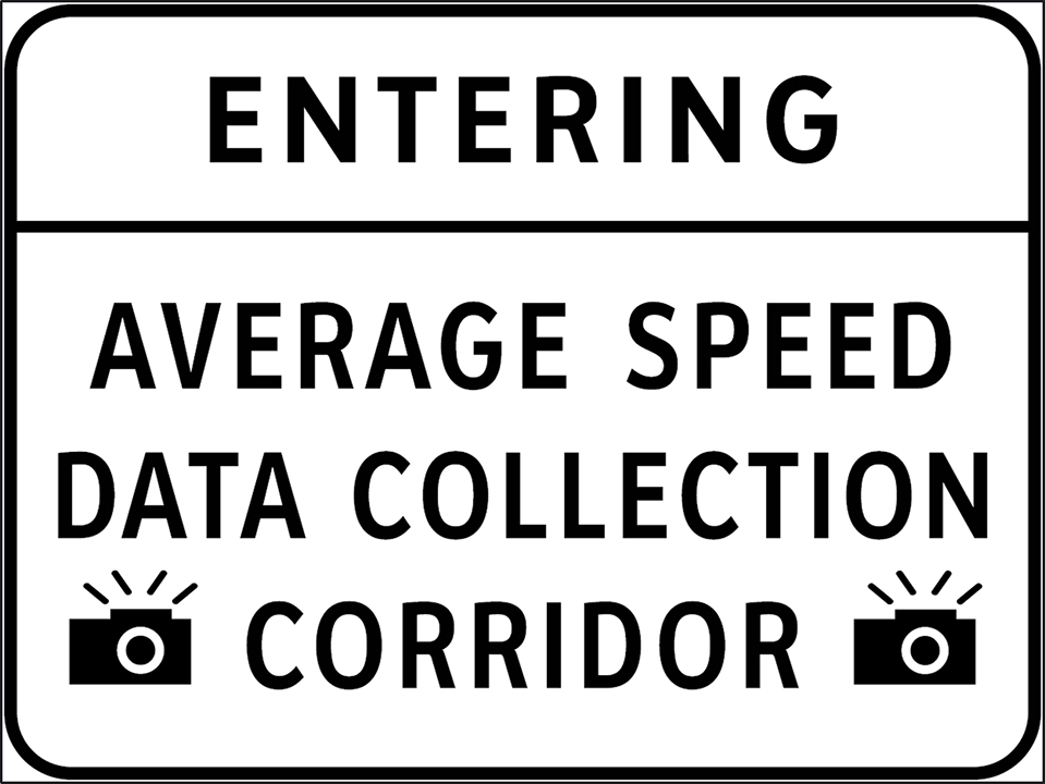 Highway sign with text showing Entering average speed data collection corridor with symbols of cameras