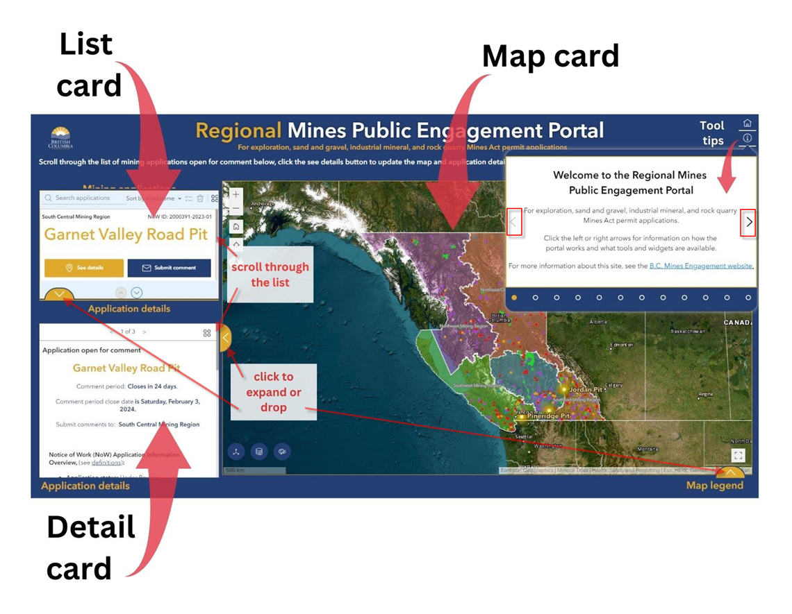 Image of the public engagement portal showing the locations of the list card, detail card and map card. There is also a label for the scroll bars/buttons.