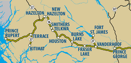 Map of the Highway 16 Corridor from Prince Rupert to Prince George