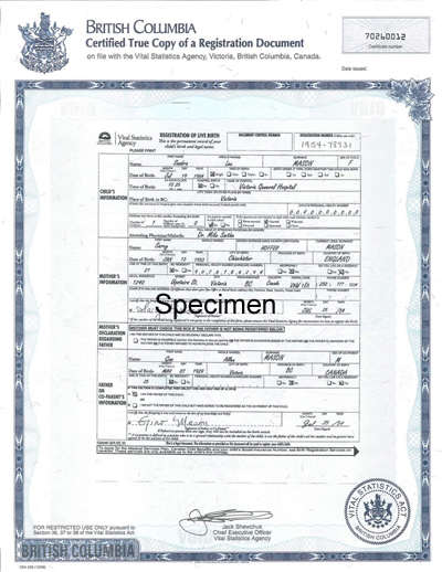 Certified Copies And Certified Electronic Extracts Of A Birth Registration Province Of British 