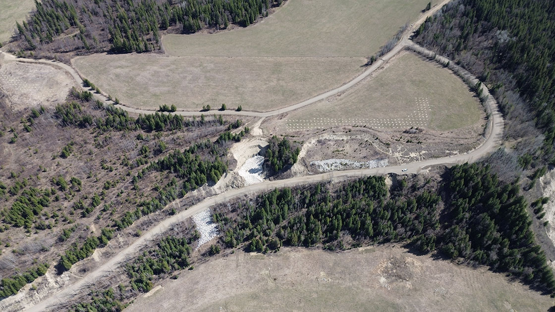 n aerial view of Bastin Road at Bastin Hill shows the riprap work completed in December 2021 to prevent erosion along the road. April 26, 2024