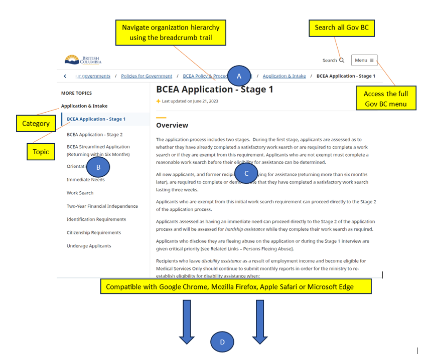 This picture explains the search and navigation layout of the BCEA site