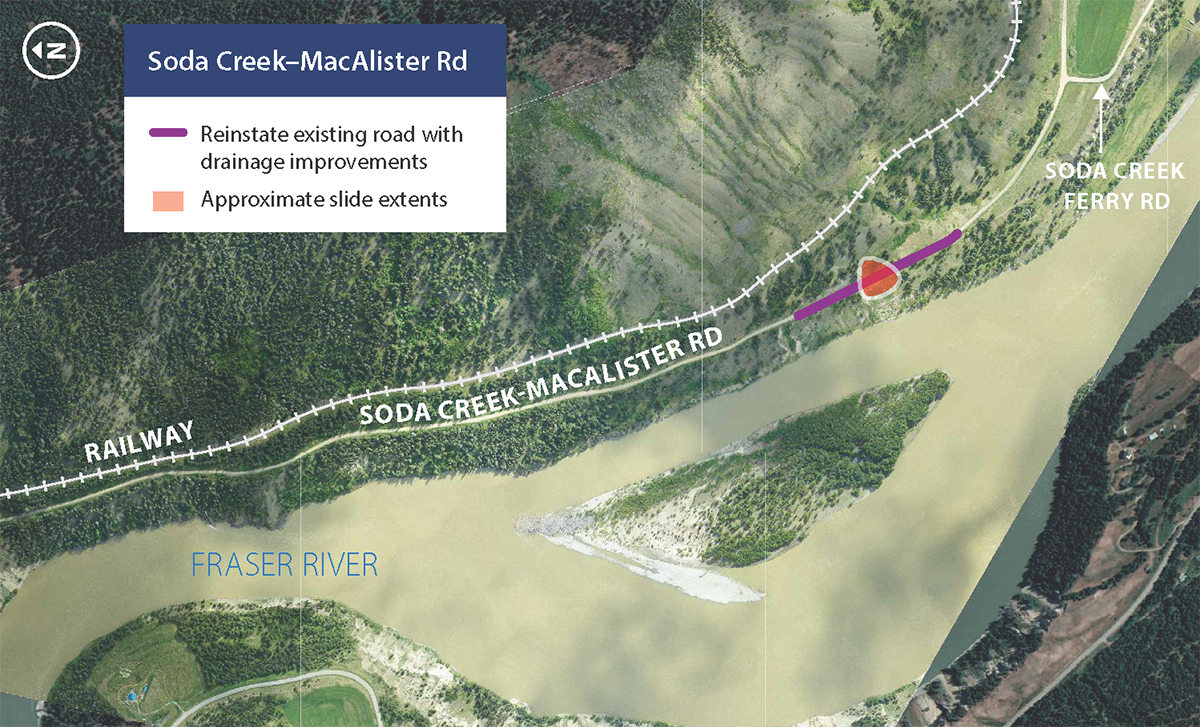 Soda Creek project location Showing extent of slide and road to be reinstated with drainage improvements  - Macalister Road is located approximately 45 km north of Williams Lake