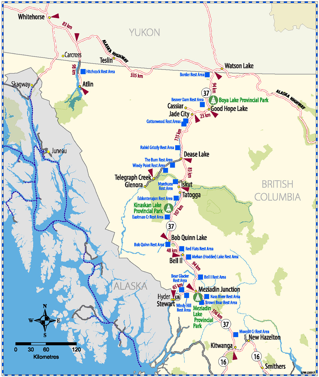 Highway 37 map showing locations of rest areas, scenic lookouts and camping.