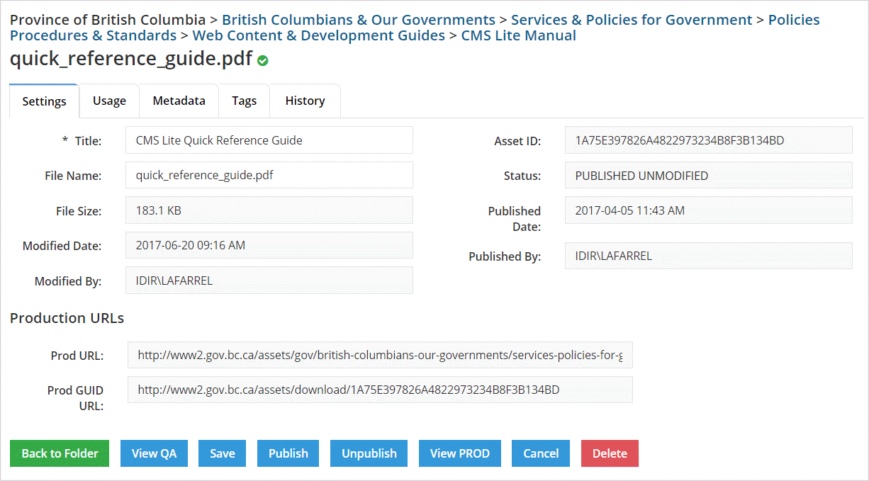 Assets Setting Pane with Publish action button Assets Setting Pane with Publish action button