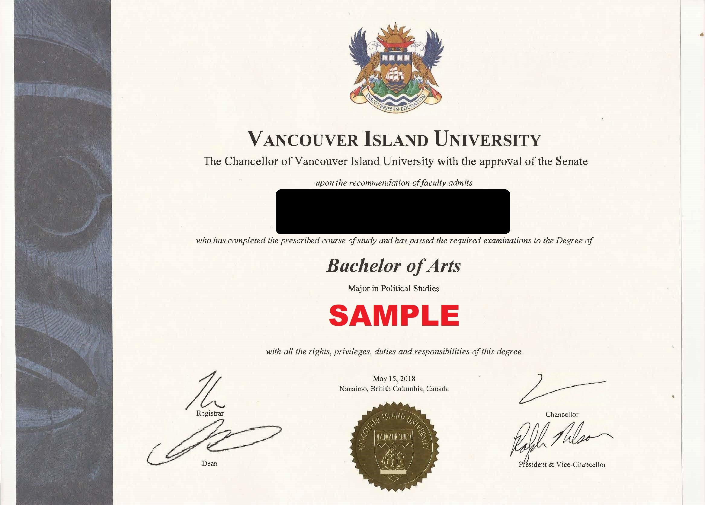 Sample image of a post secondary diploma issued by a BC public education institution