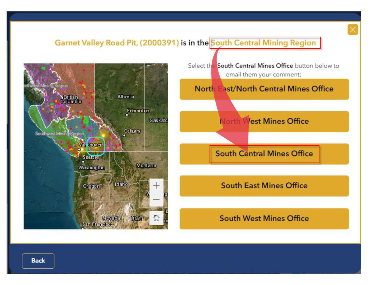 Image of the submit comment pop-up to illustrate the Mining region description and button for the corresponding office. 