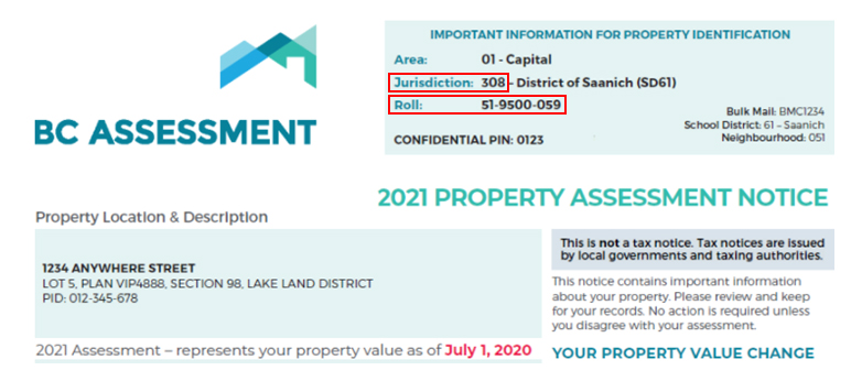 Sample BC Assessment notice highlighting jurisdiction number and roll number 