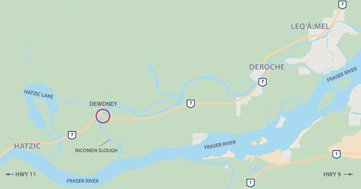 Map of Highway 7 showing location of Dewdney bridge over the Nicomen Slough between Hatzic and Derocje