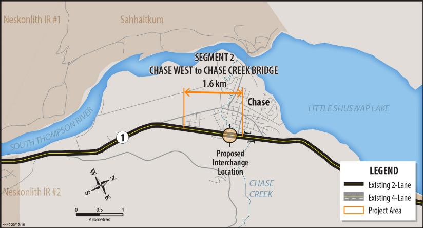 Chase West  to Chase Creek Bridge Project map with proposed intersection upgrade site and four-laning segment